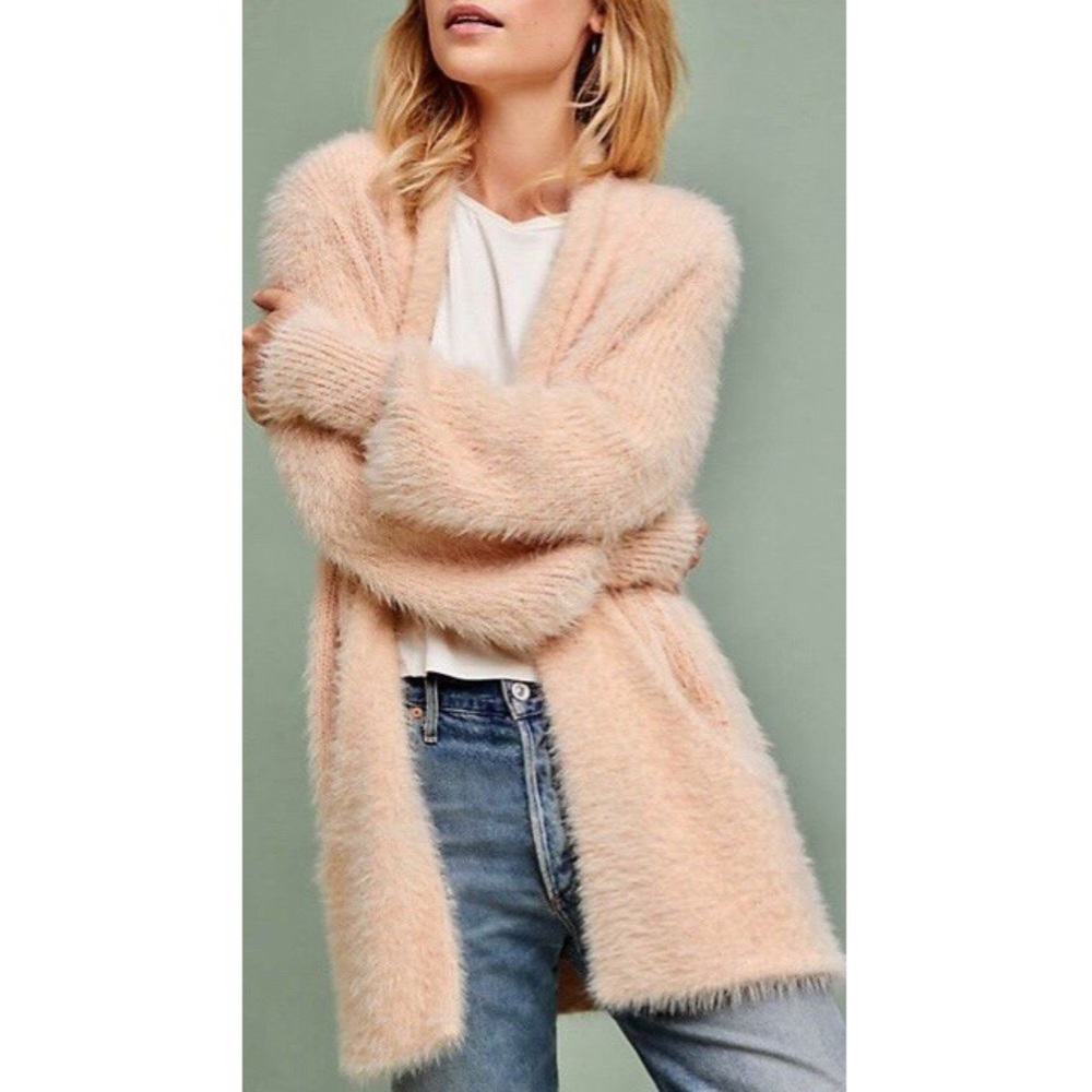 Anthropologie Pocketed Eyelash Cardigan Peach